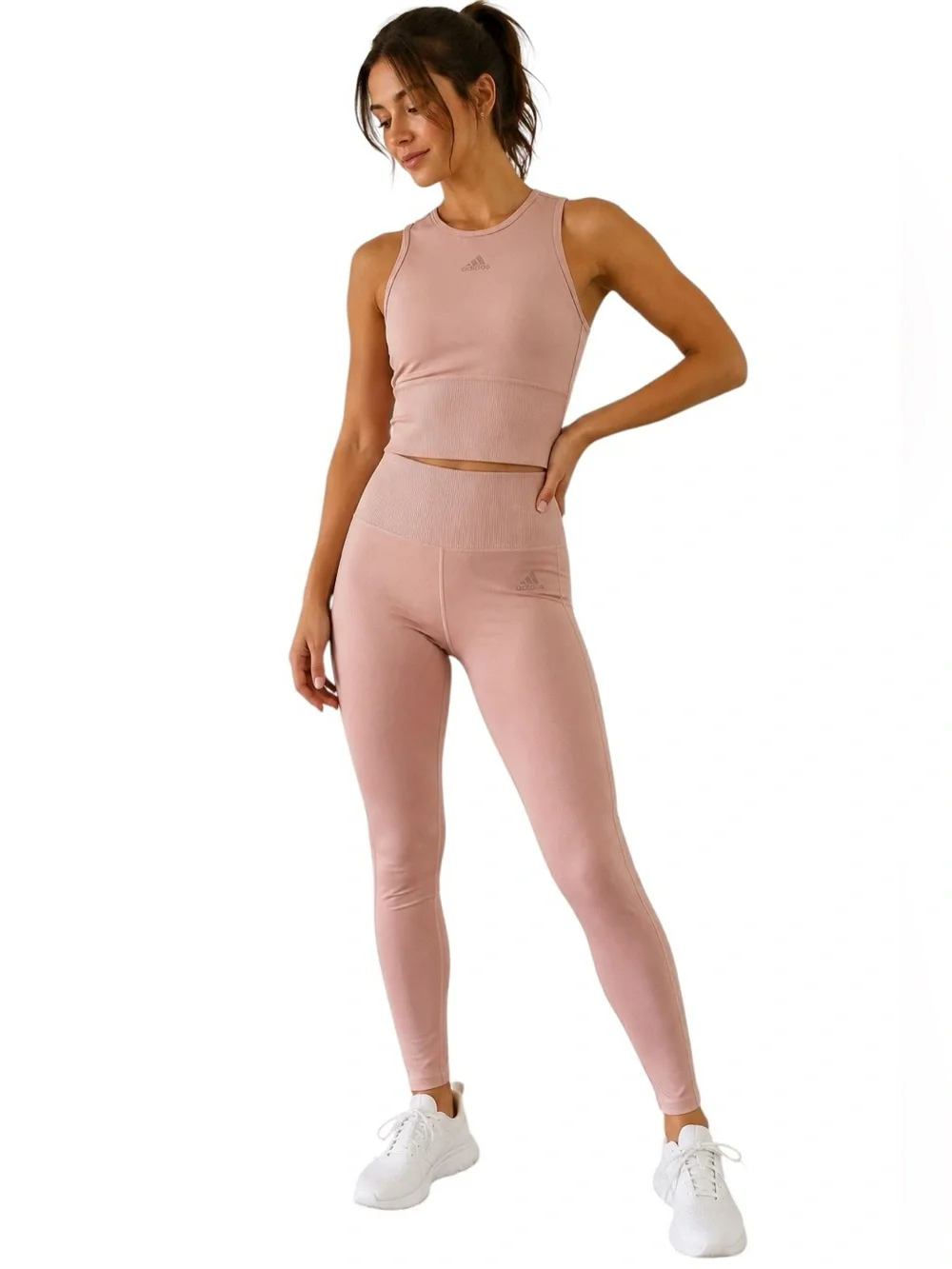 Adidas AEROREADY Blush Pink Crop Top Leggings 2 Piece Workout Set Small